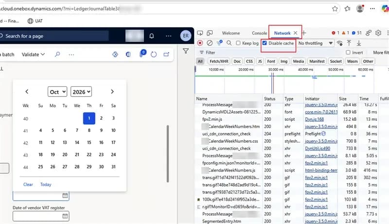 D365 F&O date picker with week numbers next to the browser developer tools, Network tab with Disable cache checked and the CalendarWeekNumbers htm, css and js files loaded
