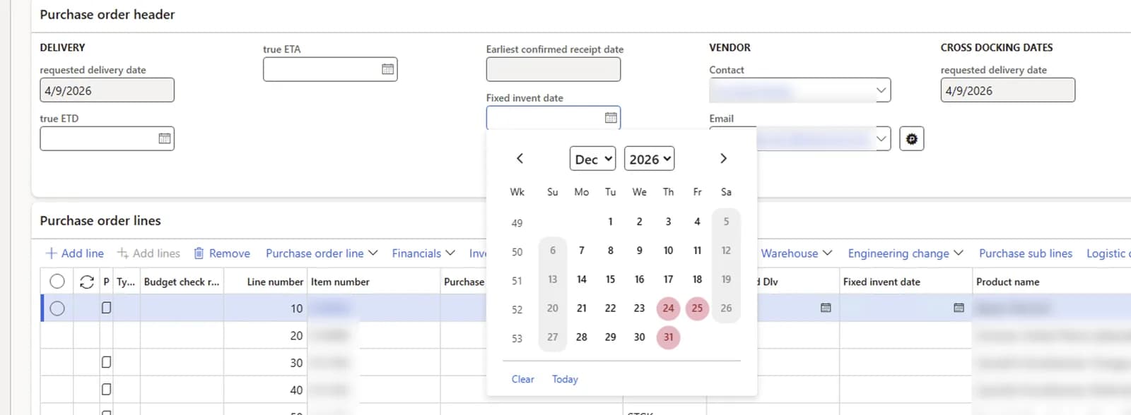 D365 F&O purchase order with an open date picker that shows a Wk column with week numbers 49 to 53