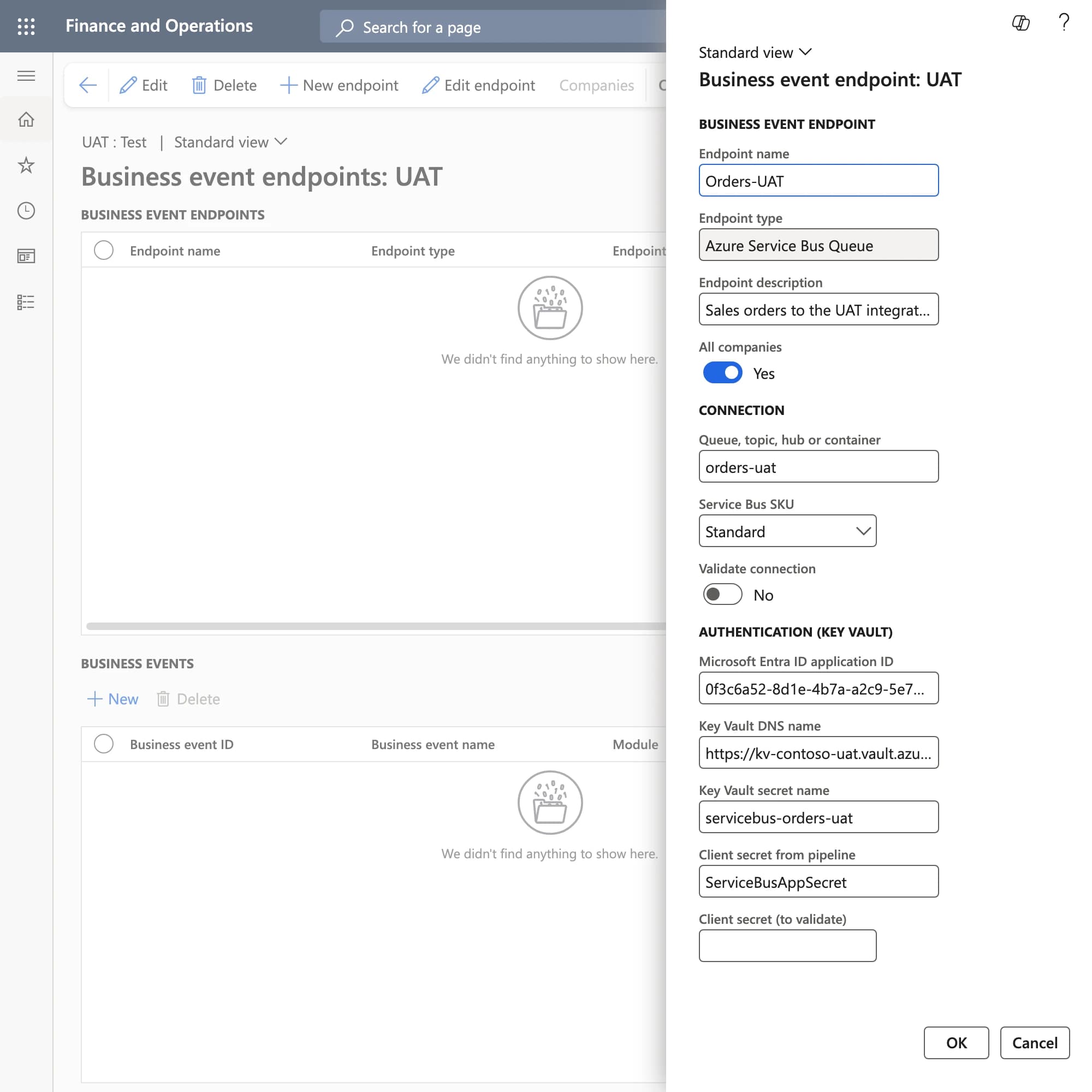 Dialog Neuer Endpunkt mit Endpunktname, Service-Bus-Warteschlange, Anwendungs-ID, Key-Vault-DNS-Name, Key-Vault-Geheimnisname und Name des Clientgeheimnisses