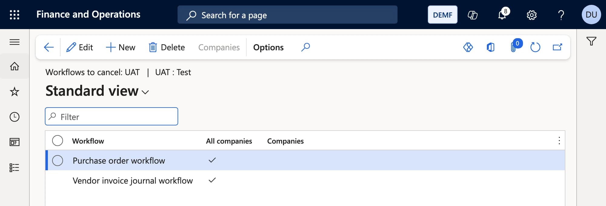 Abzubrechende Workflows für UAT: Purchase order workflow und Vendor invoice journal workflow, alle Unternehmen