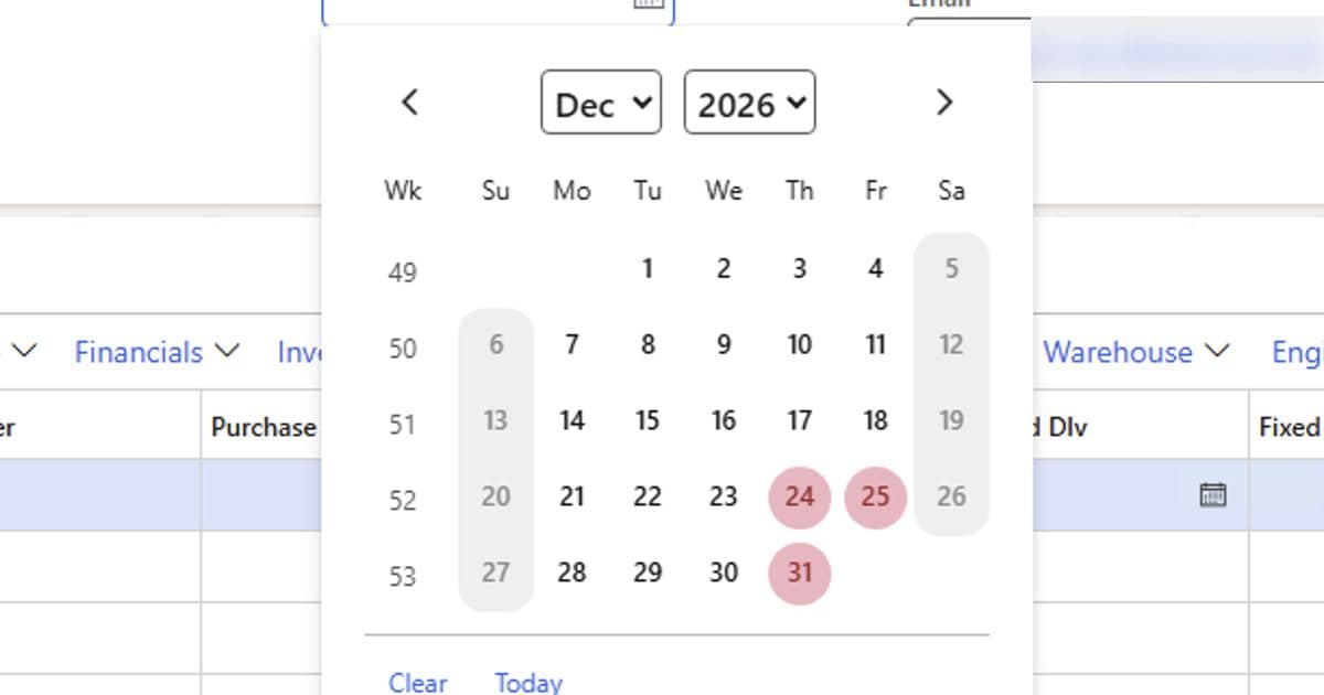 D365 F&O date picker with a week number column on the left